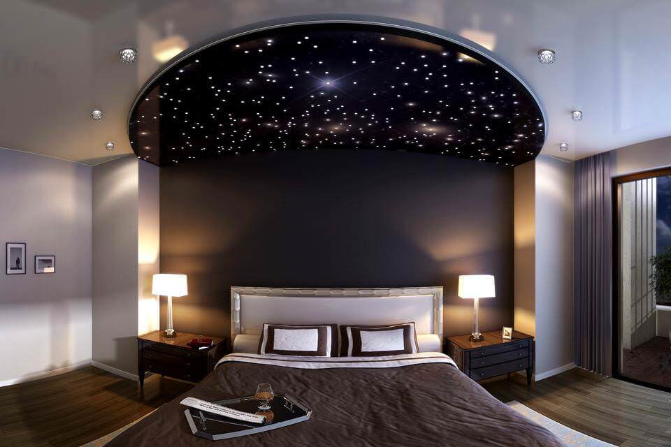 Двухуровневый натяжной потолок Звездное небо в спальню